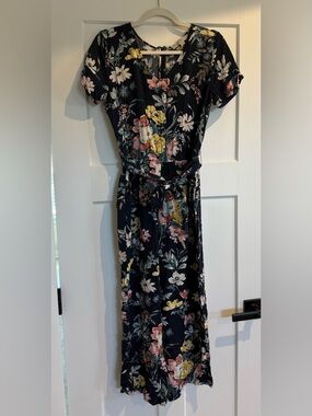 LOFT Navy Floral Jumpsuit with Tie Waist